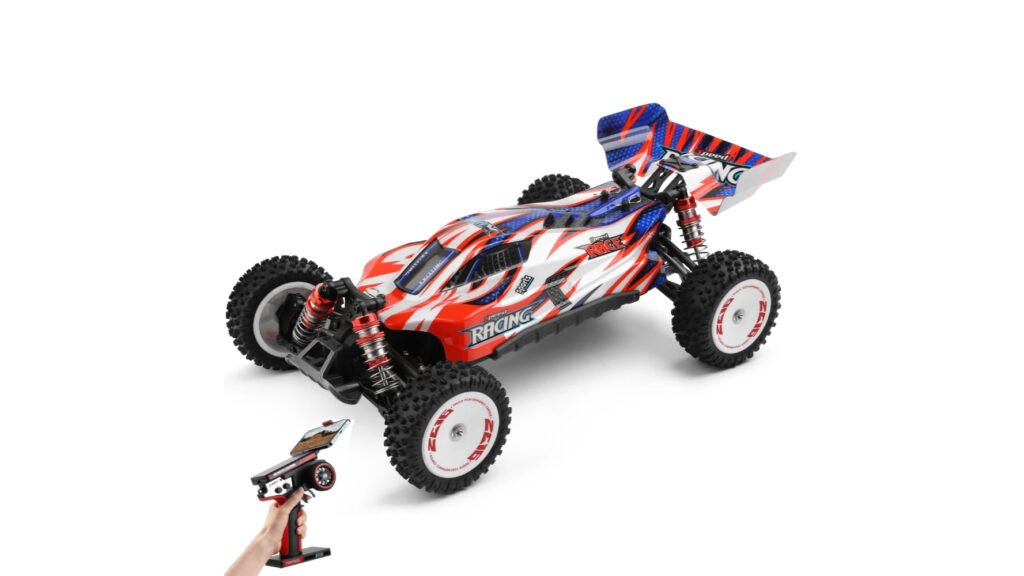 Wltoys 124008 1/12 scale red 4WD brushless RC car with 3S battery